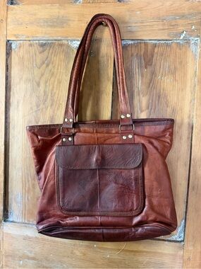Handcrafted Brown Leather Tote Bag with Front Pocket
